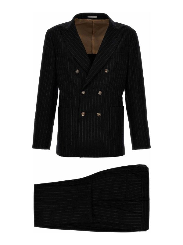 BRUNELLO CUCINELLI MEN'S BLACK WOOL PINSTRIPE SUIT