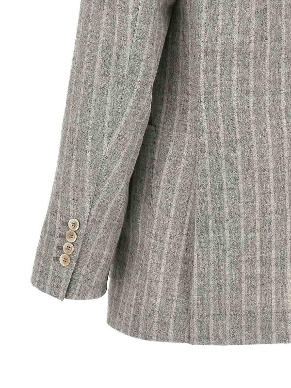BRUNELLO CUCINELLI MEN'S GRAY STRIPED DOUBLE-BREASTED BLAZER