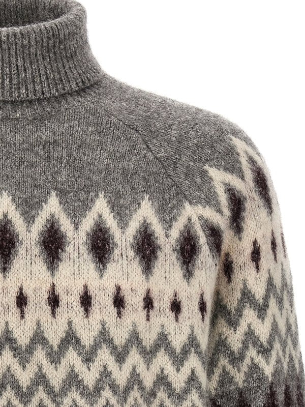 BRUNELLO CUCINELLI MEN'S GREY PATTERNED TURTLENECK KNIT SWEATER