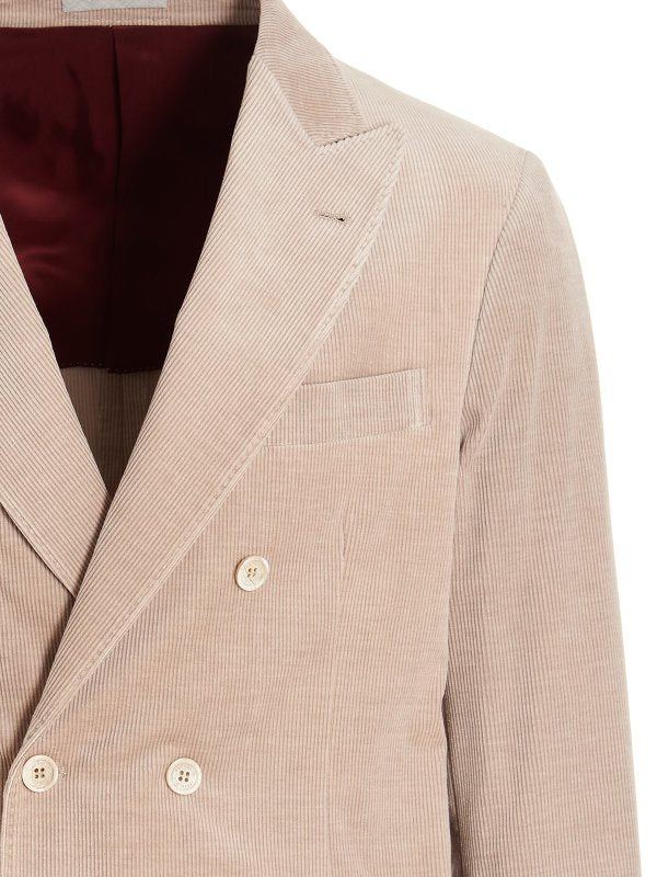 BRUNELLO CUCINELLI MEN'S SAND DOUBLE-BREASTED CORDUROY BLAZER
