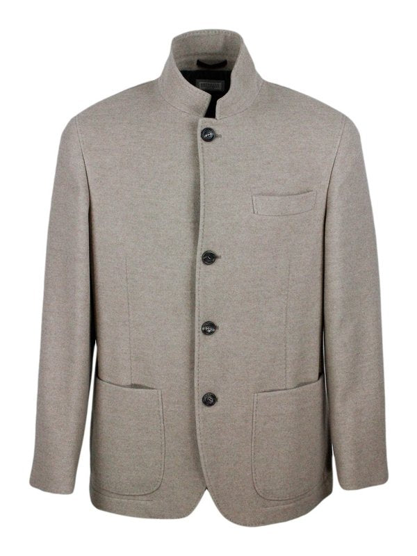 BRUNELLO CUCINELLI MEN'S ALMOND WOOL STAND COLLAR BUTTON JACKET