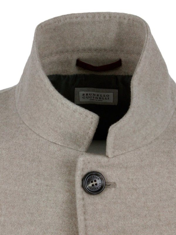 BRUNELLO CUCINELLI MEN'S ALMOND WOOL STAND COLLAR BUTTON JACKET