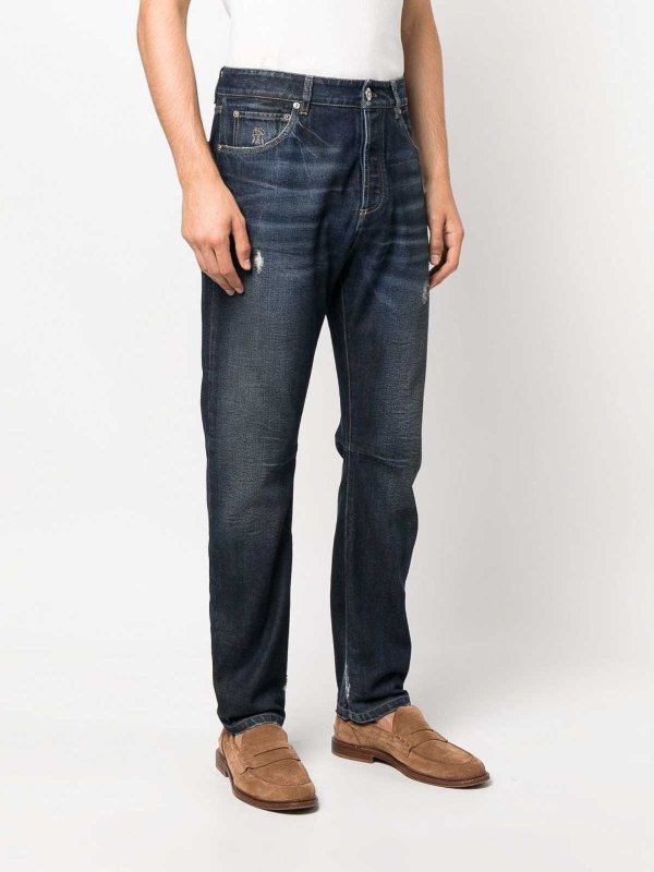 BRUNELLO CUCINELLI MEN'S DARK WASH DISTRESSED DENIM JEANS