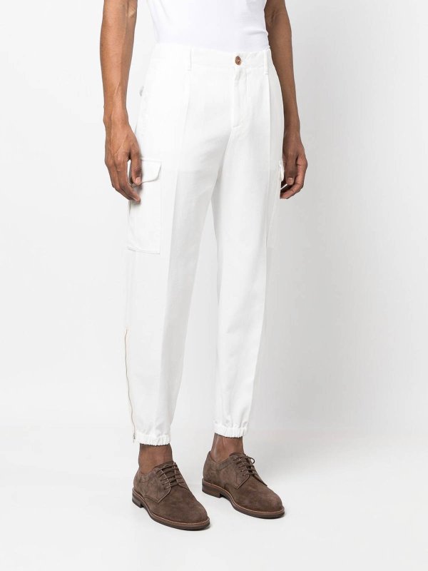 BRUNELLO CUCINELLI MEN'S WHITE CARGO TROUSERS WITH ELASTIC CUFFS