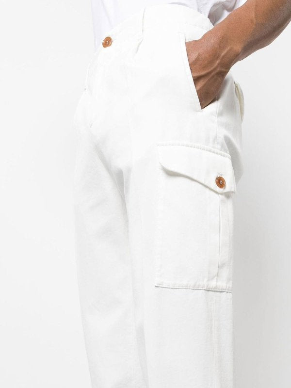 BRUNELLO CUCINELLI MEN'S WHITE CARGO TROUSERS WITH ELASTIC CUFFS
