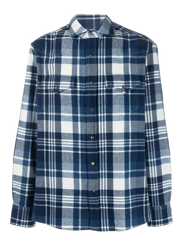 BRUNELLO CUCINELLI MEN'S MARINA WHITE CHECKED COTTON SHIRT