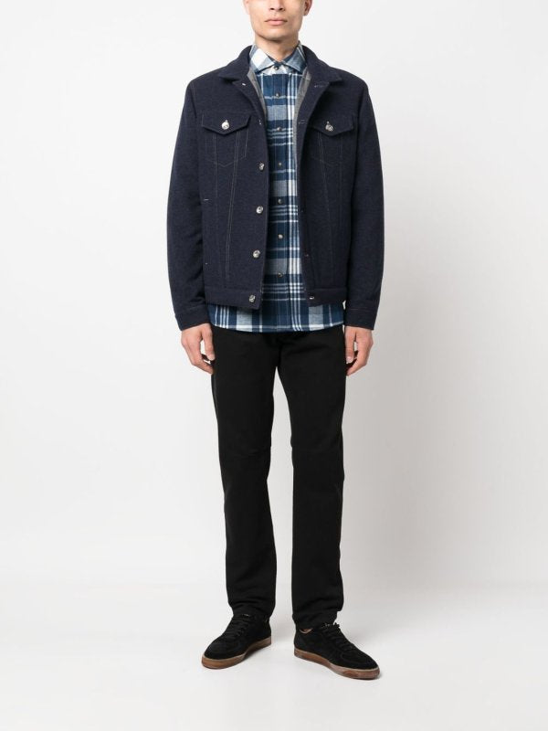 BRUNELLO CUCINELLI MEN'S MARINA WHITE CHECKED COTTON SHIRT