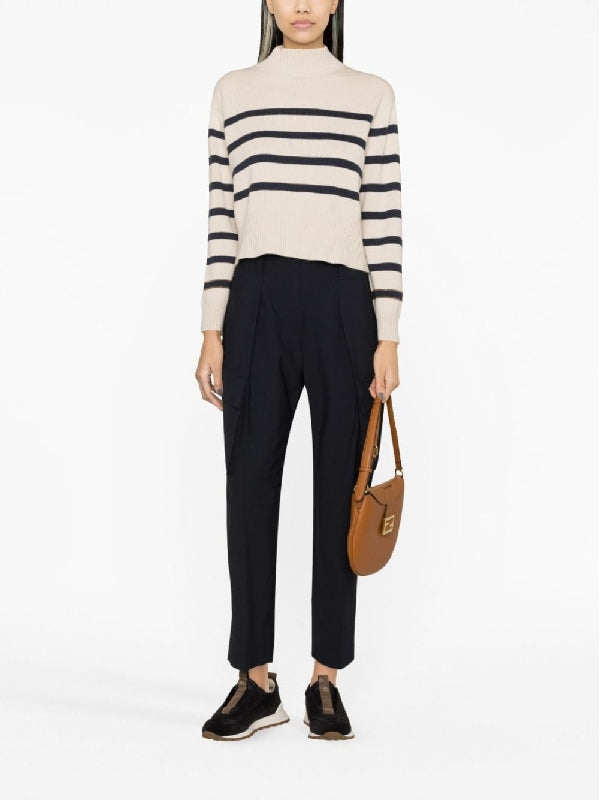 BRUNELLO CUCINELLI WOMEN'S BEIGE STRIPED WOOL TURTLENECK SWEATER