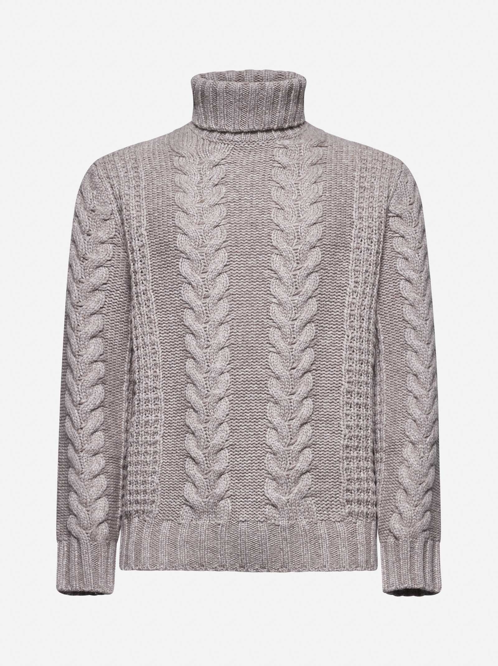BRUNELLO CUCINELLI MEN'S TAUPE CABLE KNIT TURTLENECK SWEATER
