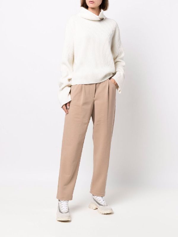 BRUNELLO CUCINELLI WOMEN'S ALMOND TAILORED COTTON TROUSERS