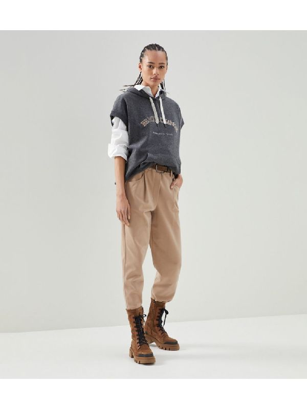 BRUNELLO CUCINELLI WOMEN'S ALMOND TAILORED COTTON TROUSERS