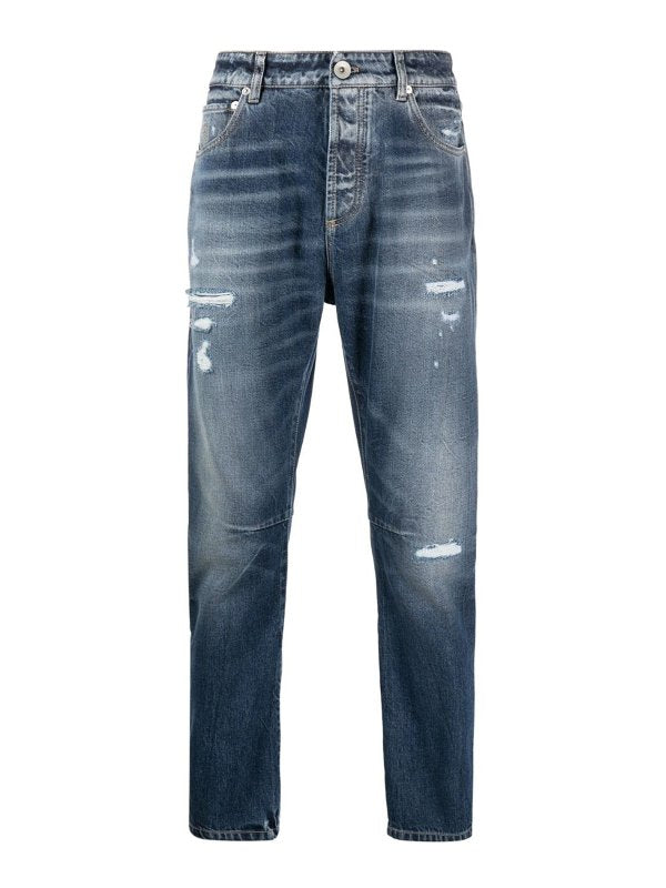 BRUNELLO CUCINELLI MEN'S MEDIUM BLUE DISTRESSED JEANS