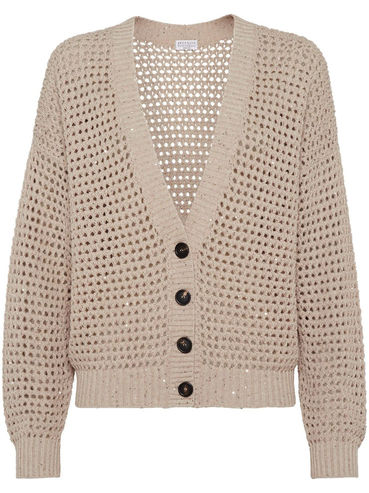 BRUNELLO CUCINELLI WOMEN'S LIGHT CAMEL OPEN KNIT SWEATER