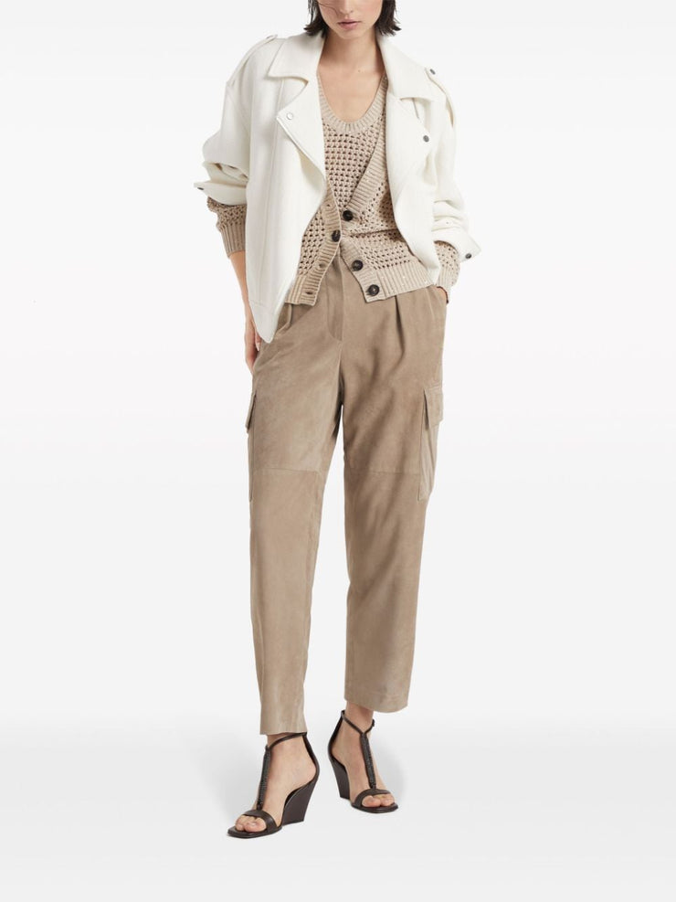 BRUNELLO CUCINELLI WOMEN'S LIGHT CAMEL OPEN KNIT SWEATER