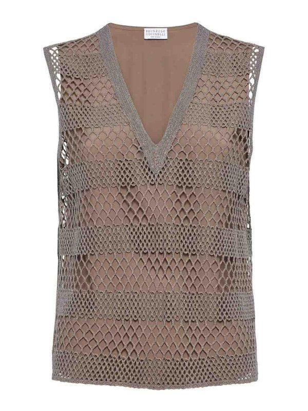 BRUNELLO CUCINELLI WOMEN'S TAUPE SILK MESH SHIRT