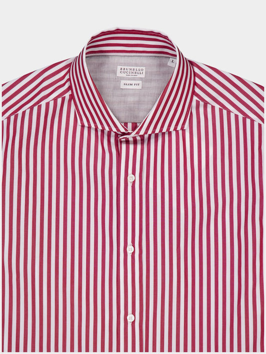 BRUNELLO CUCINELLI MEN'S WHITE AND RED STRIPED SHIRT