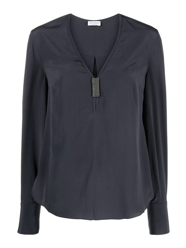 BRUNELLO CUCINELLI WOMEN'S DARK BLUE V-NECK BLOUSE WITH EMBELLISHMENT