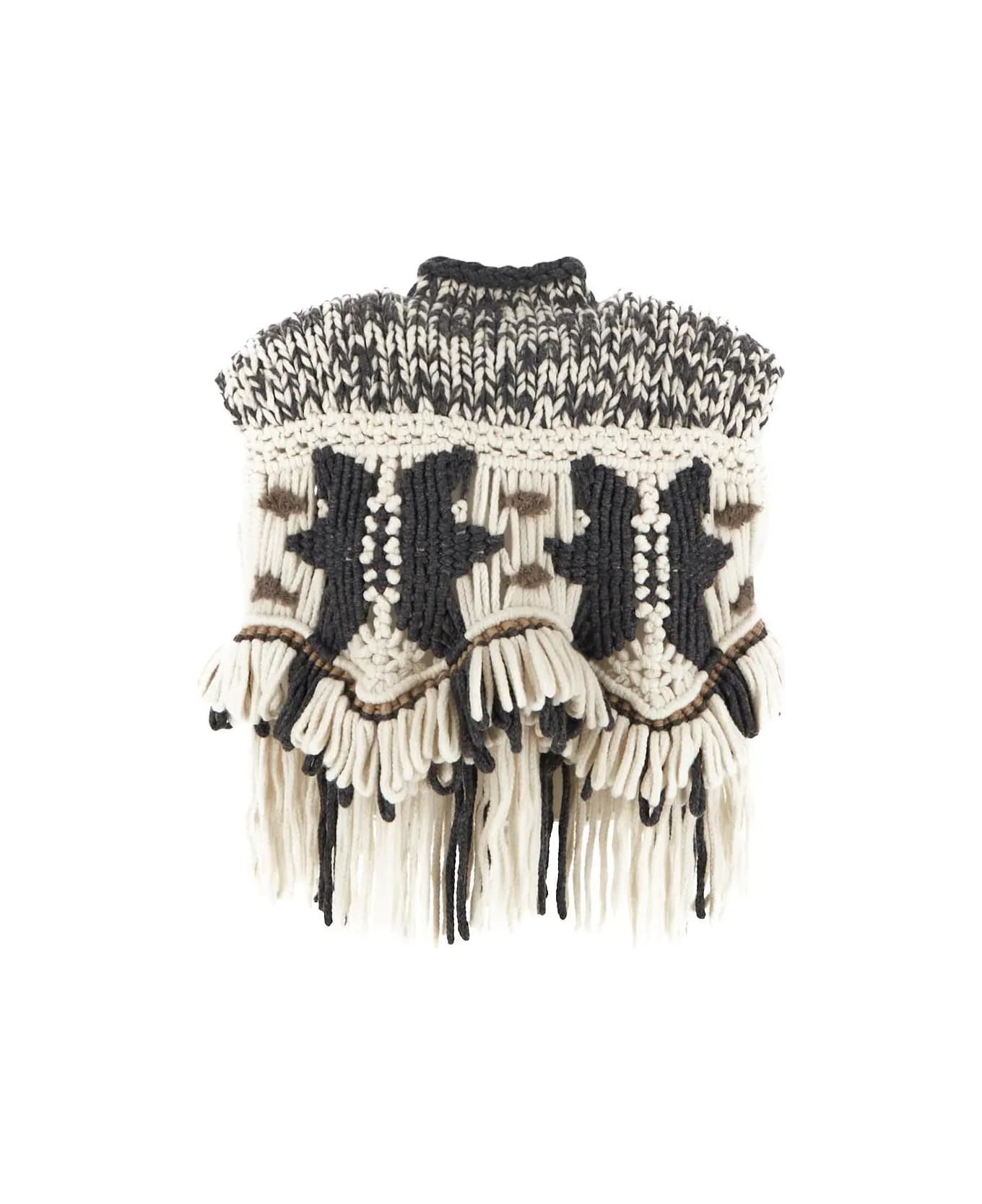 BRUNELLO CUCINELLI WOMEN'S BLACK AND WHITE FRINGED KNIT PONCHO