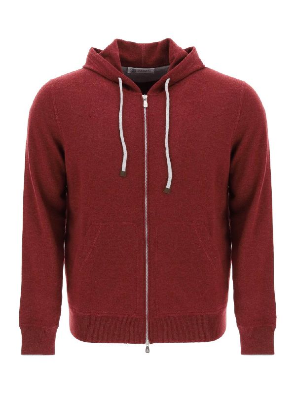 BRUNELLO CUCINELLI MEN'S RED WOOL ZIP HOODIE
