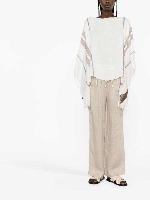 BRUNELLO CUCINELLI WOMEN'S WHITE BRONZE LINEN PONCHO WITH FRINGE