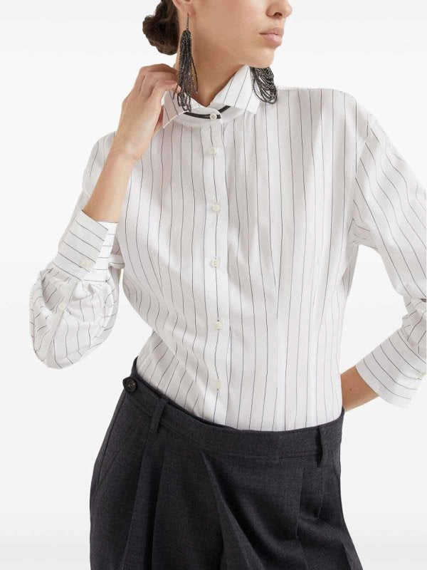 BRUNELLO CUCINELLI WOMEN'S WHITE STRIPED BUTTON-UP SHIRT