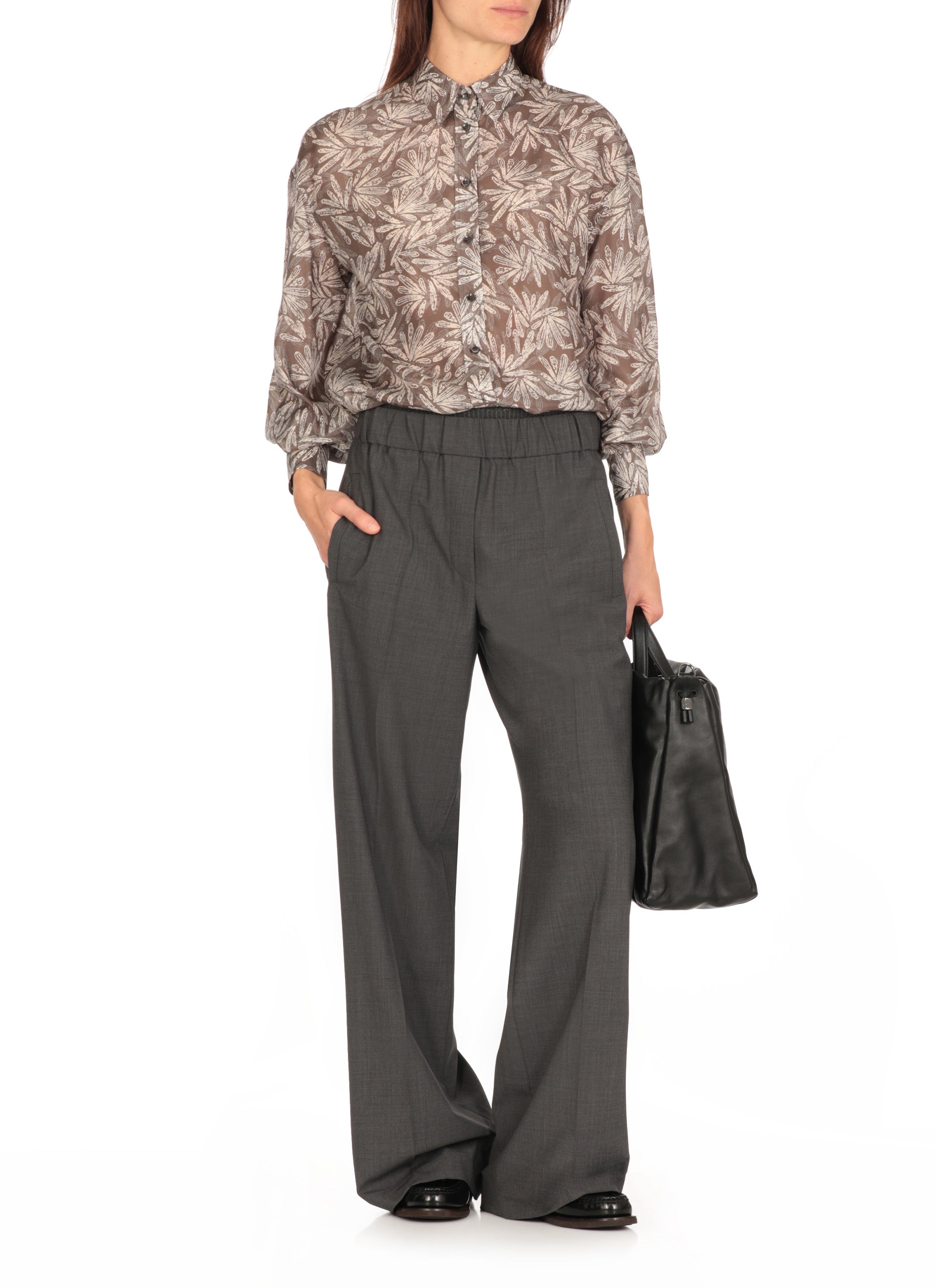 BRUNELLO CUCINELLI WOMEN'S CHOCOLATE BEIGE PATTERNED BUTTON-UP SHIRT