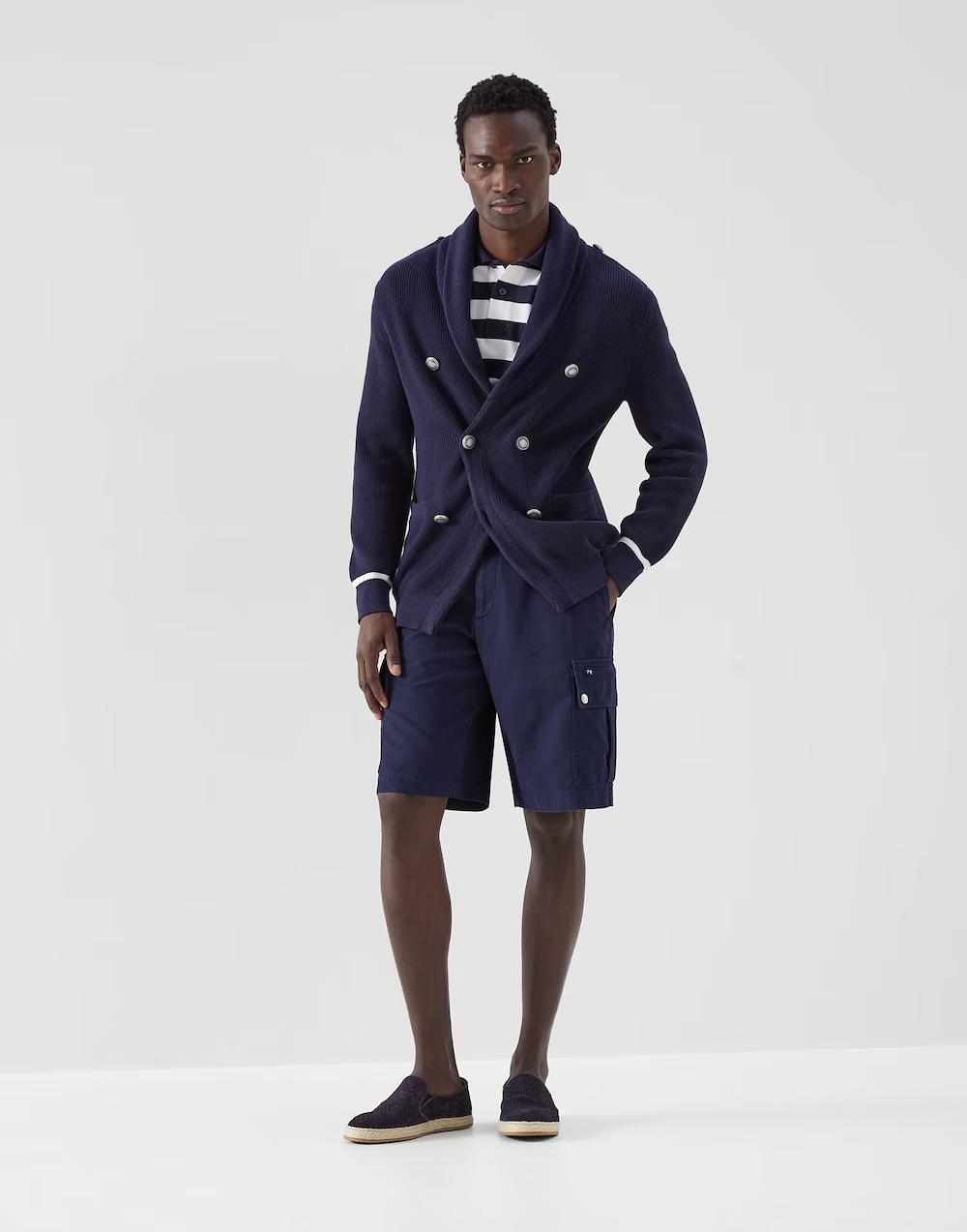 BRUNELLO CUCINELLI MEN'S NAVY DOUBLE-BREASTED SHAWL CARDIGAN