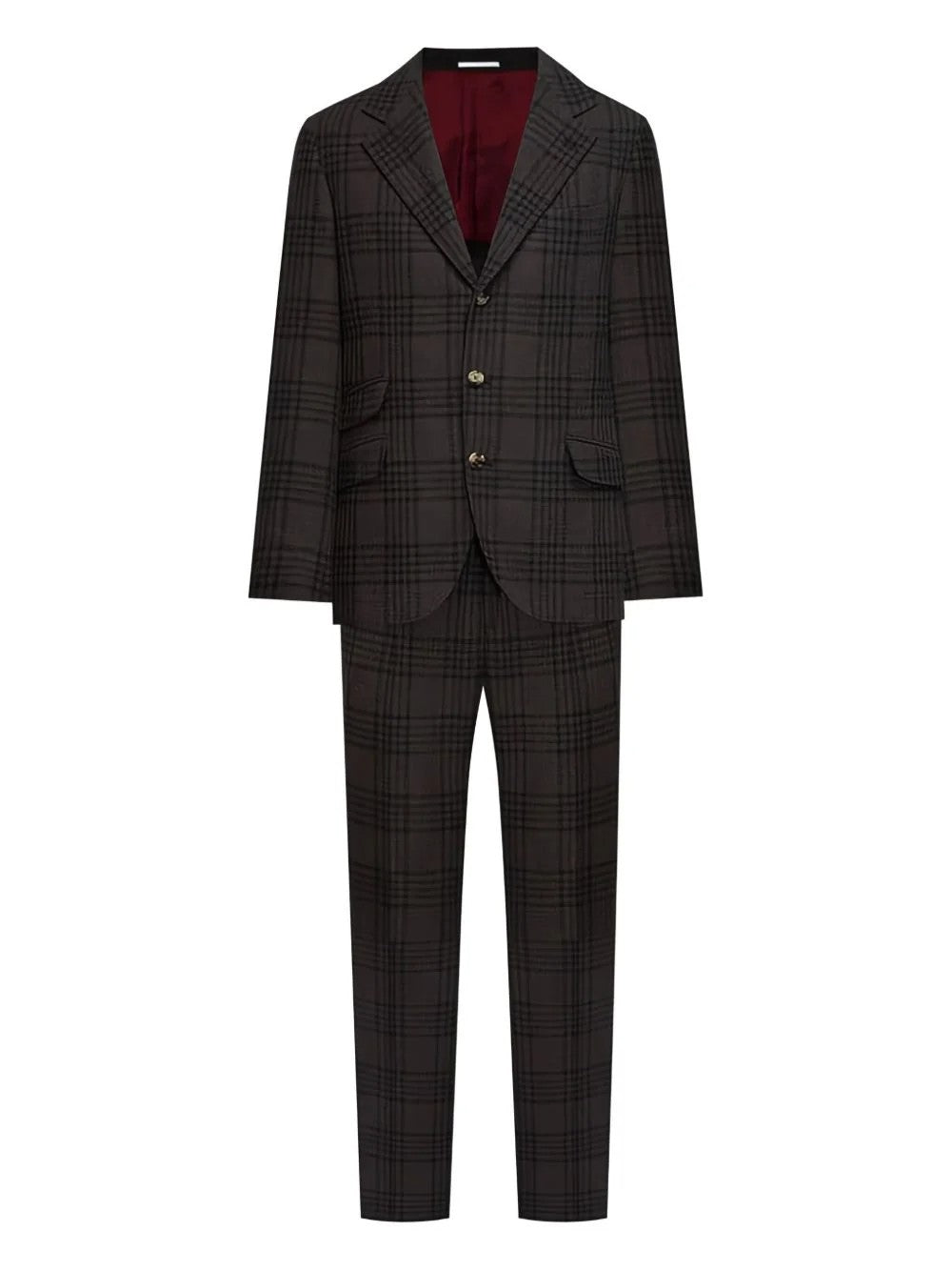 BRUNELLO CUCINELLI MEN'S BROWN WOOL SILK PLAID SUIT