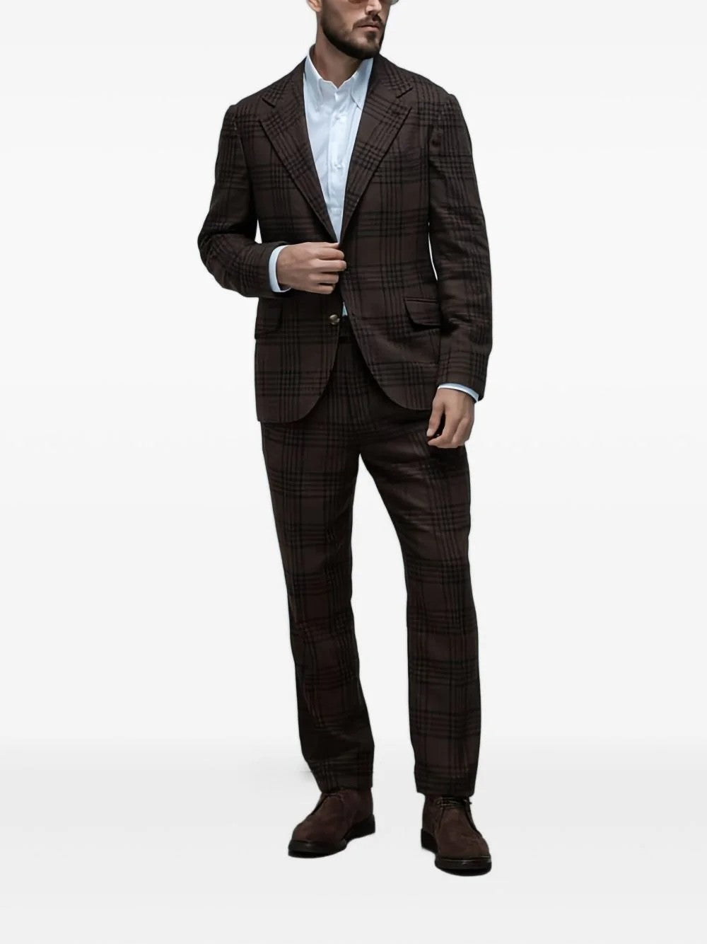 BRUNELLO CUCINELLI MEN'S BROWN WOOL SILK PLAID SUIT