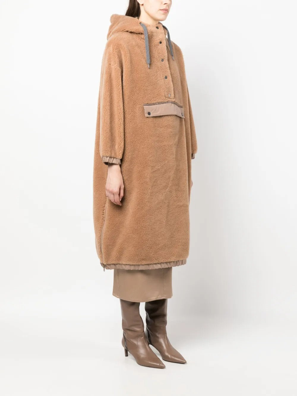BRUNELLO CUCINELLI WOMEN'S CAMEL HOODED SHEARLING COAT