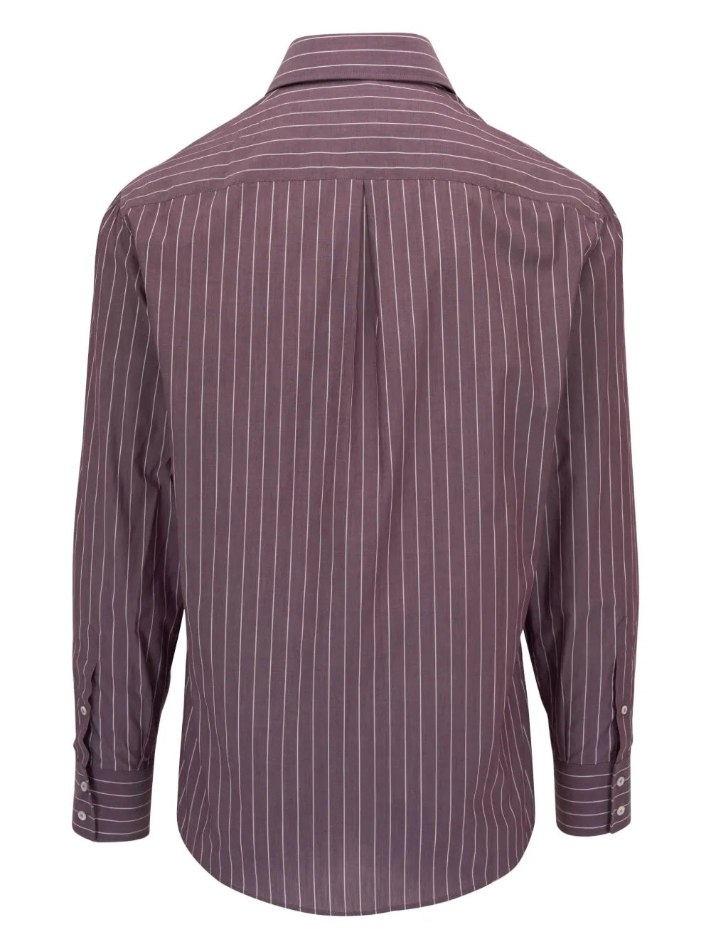 BRUNELLO CUCINELLI MEN'S PLUM WHITE STRIPED COTTON BUTTON UP SHIRT