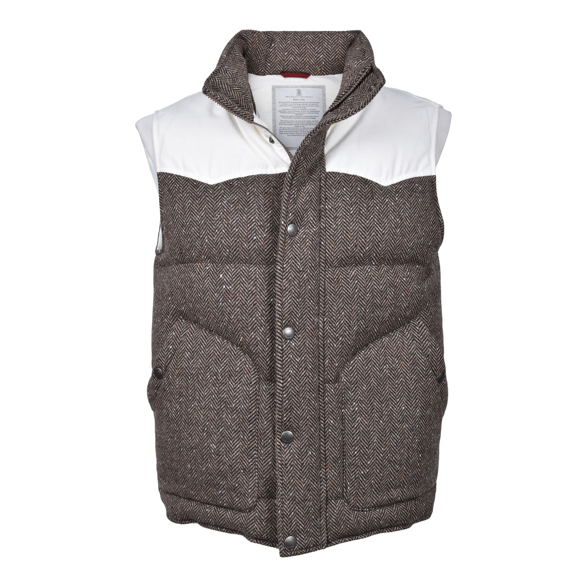 BRUNELLO CUCINELLI MEN'S BROWN WHITE WOOL SLEEVELESS VEST