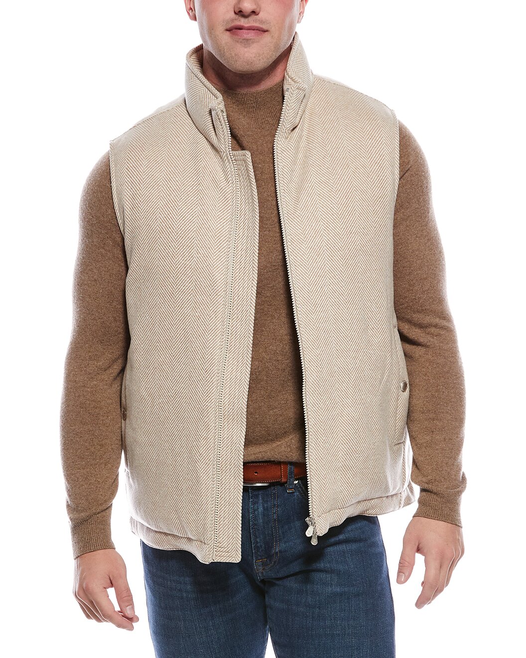 BRUNELLO CUCINELLI MEN'S SAND WOOL BLEND HERRINGBONE ZIP JACKET