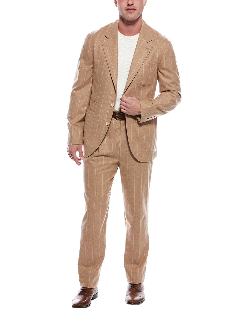 BRUNELLO CUCINELLI MEN'S TAN PINSTRIPE TAILORED SUIT