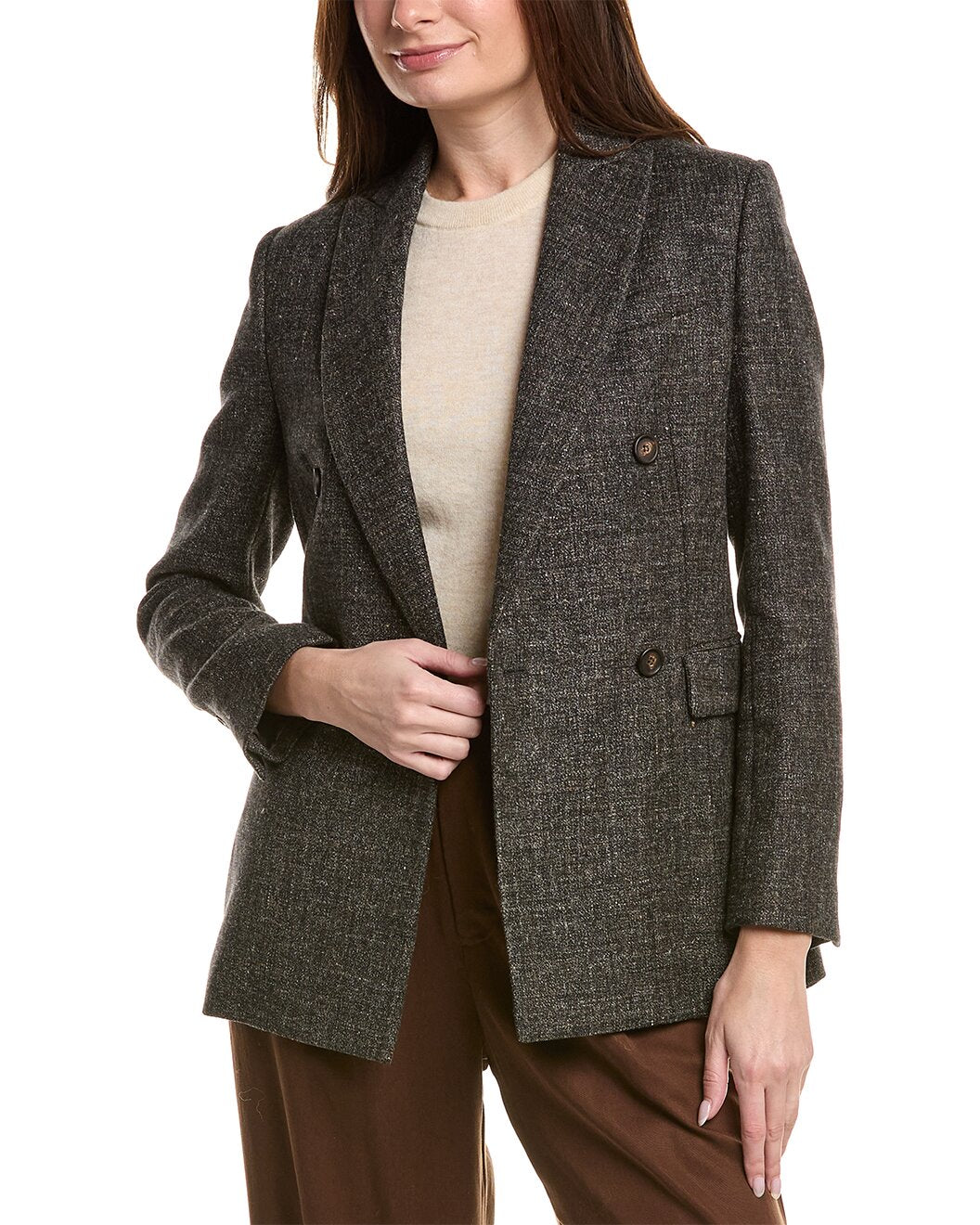 BRUNELLO CUCINELLI WOMEN'S MACRO MELANGE GREY WOOL LINEN BLEND DOUBLE JACKET