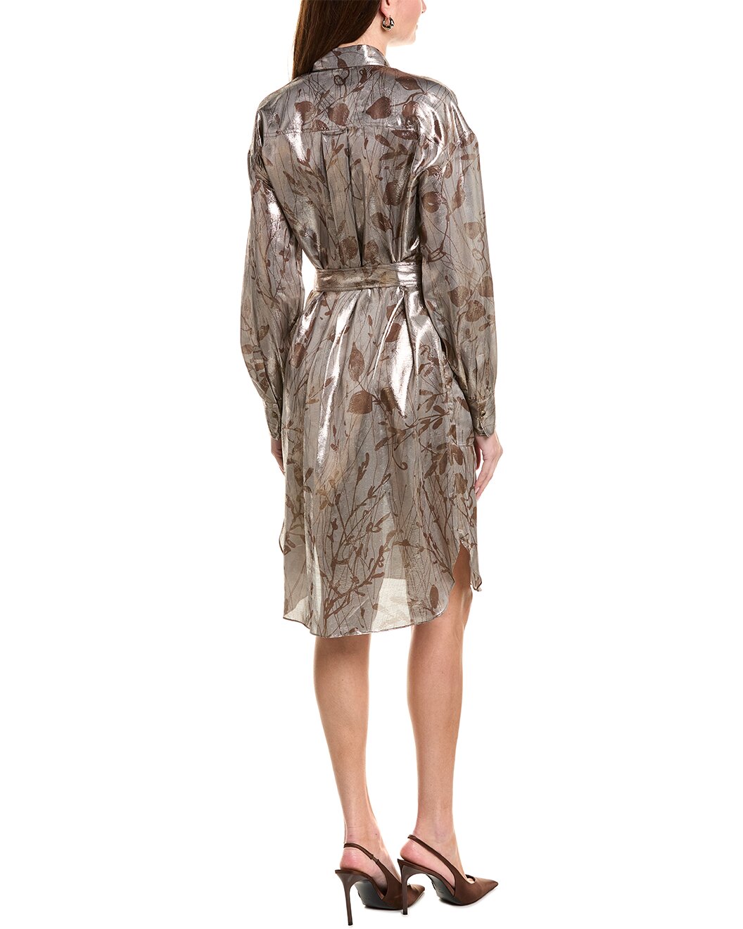 BRUNELLO CUCINELLI WOMEN'S METALLIC FLORAL BELTED SHIRT DRESS