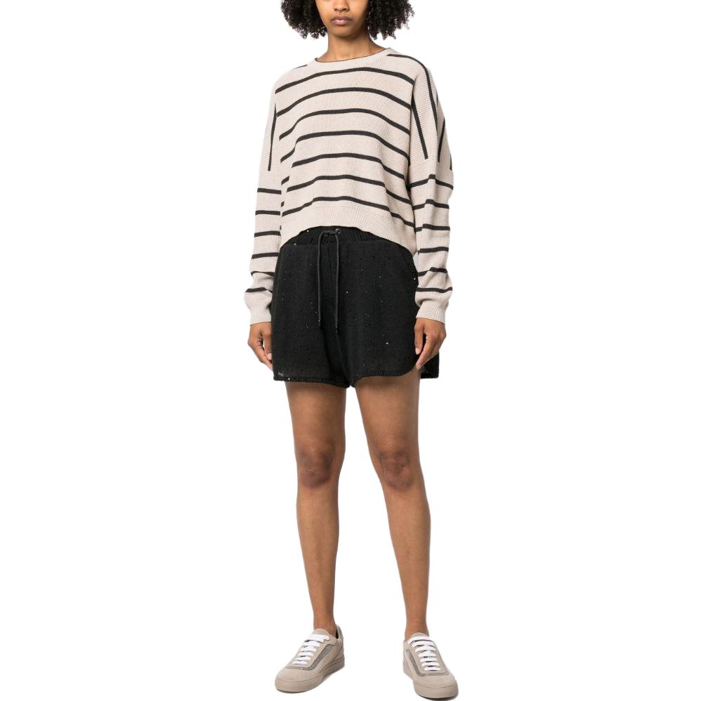 BRUNELLO CUCINELLI WOMEN'S LIGHT CAMEL STRIPED CROP SWEATER