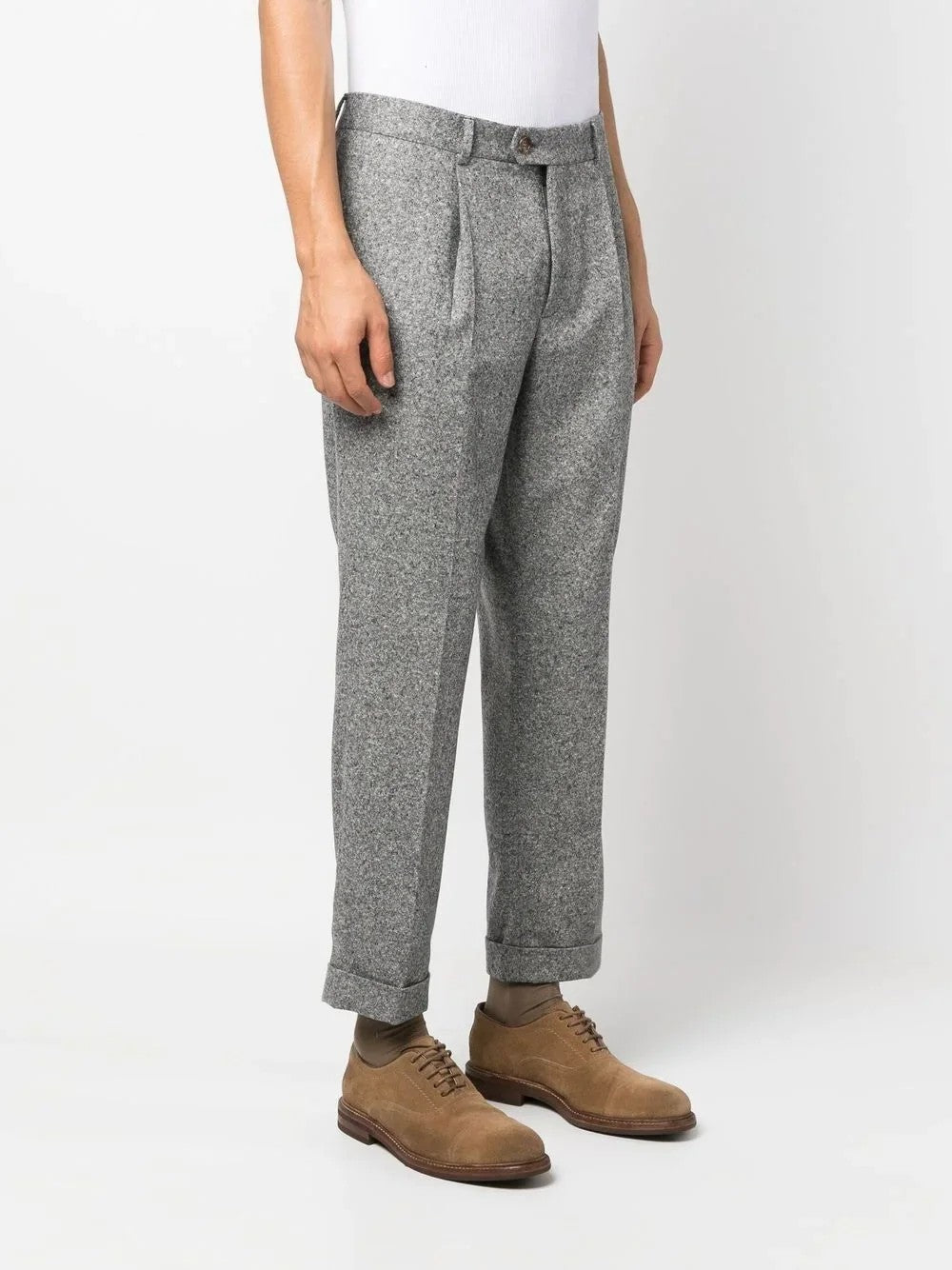 BRUNELLO CUCINELLI MEN'S GRAY PLEATED WOOL TROUSERS