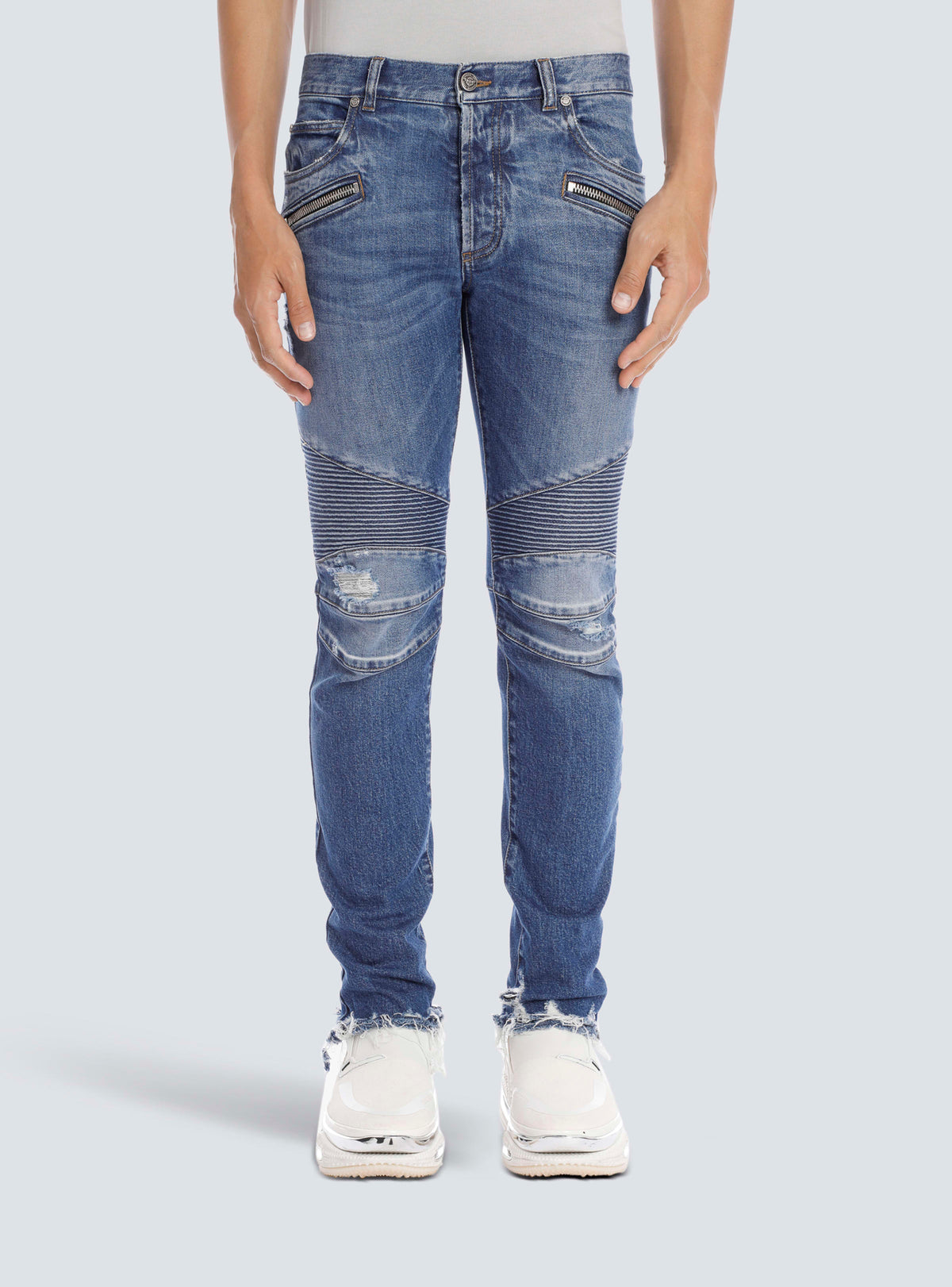 BALMAIN MEN'S BLUE RIBBED TAPERED JEANS