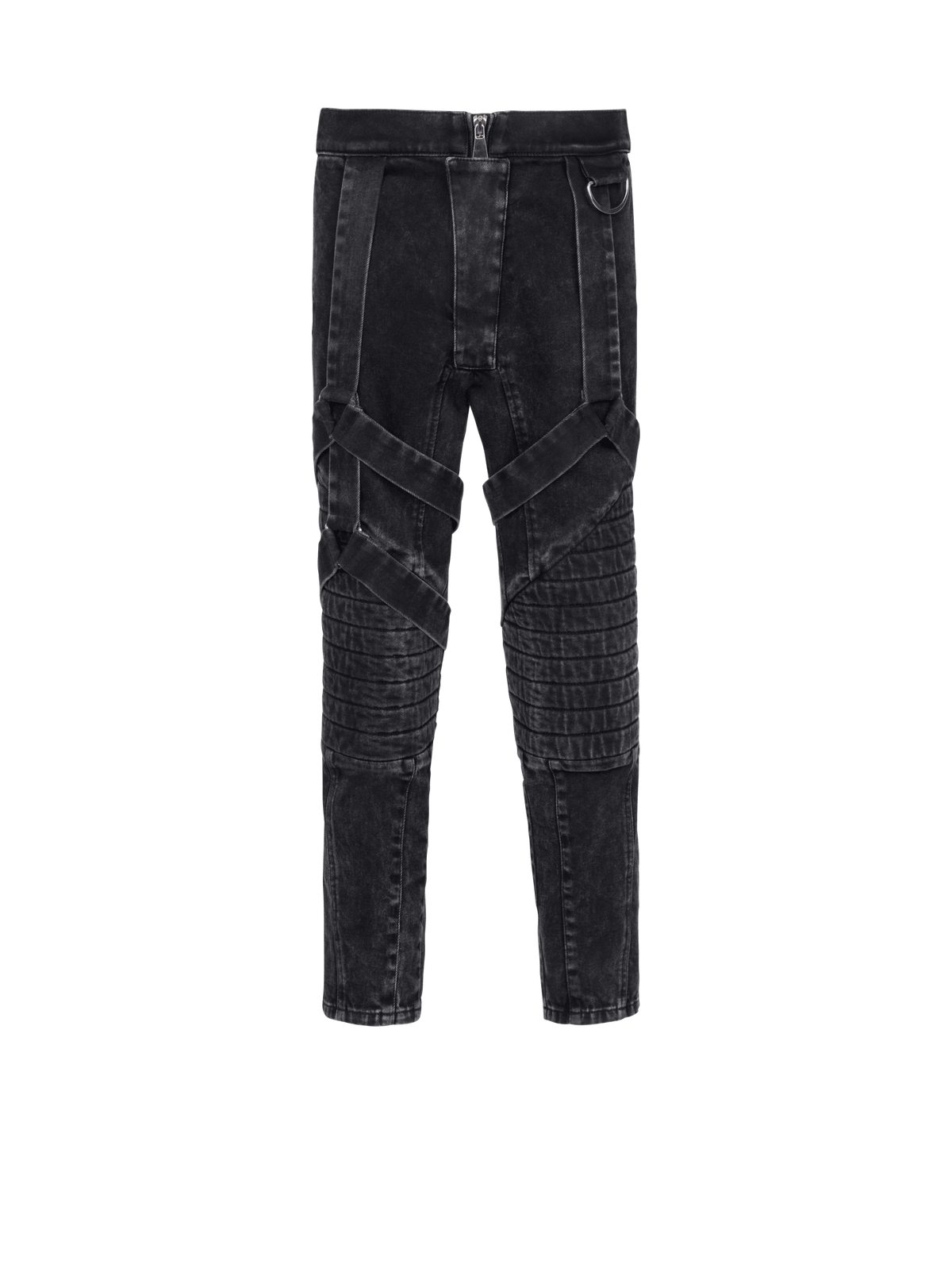 BALMAIN MEN'S BLACK ACID WASH DENIM PANTS WITH STRAPS
