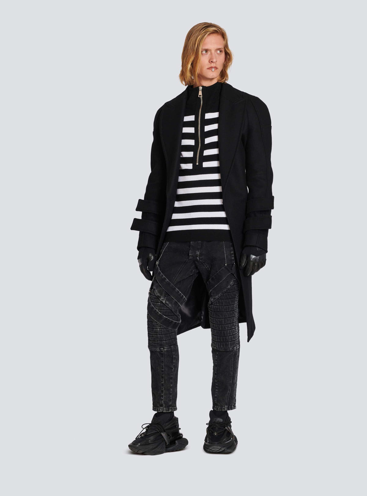 BALMAIN MEN'S BLACK ACID WASH DENIM PANTS WITH STRAPS