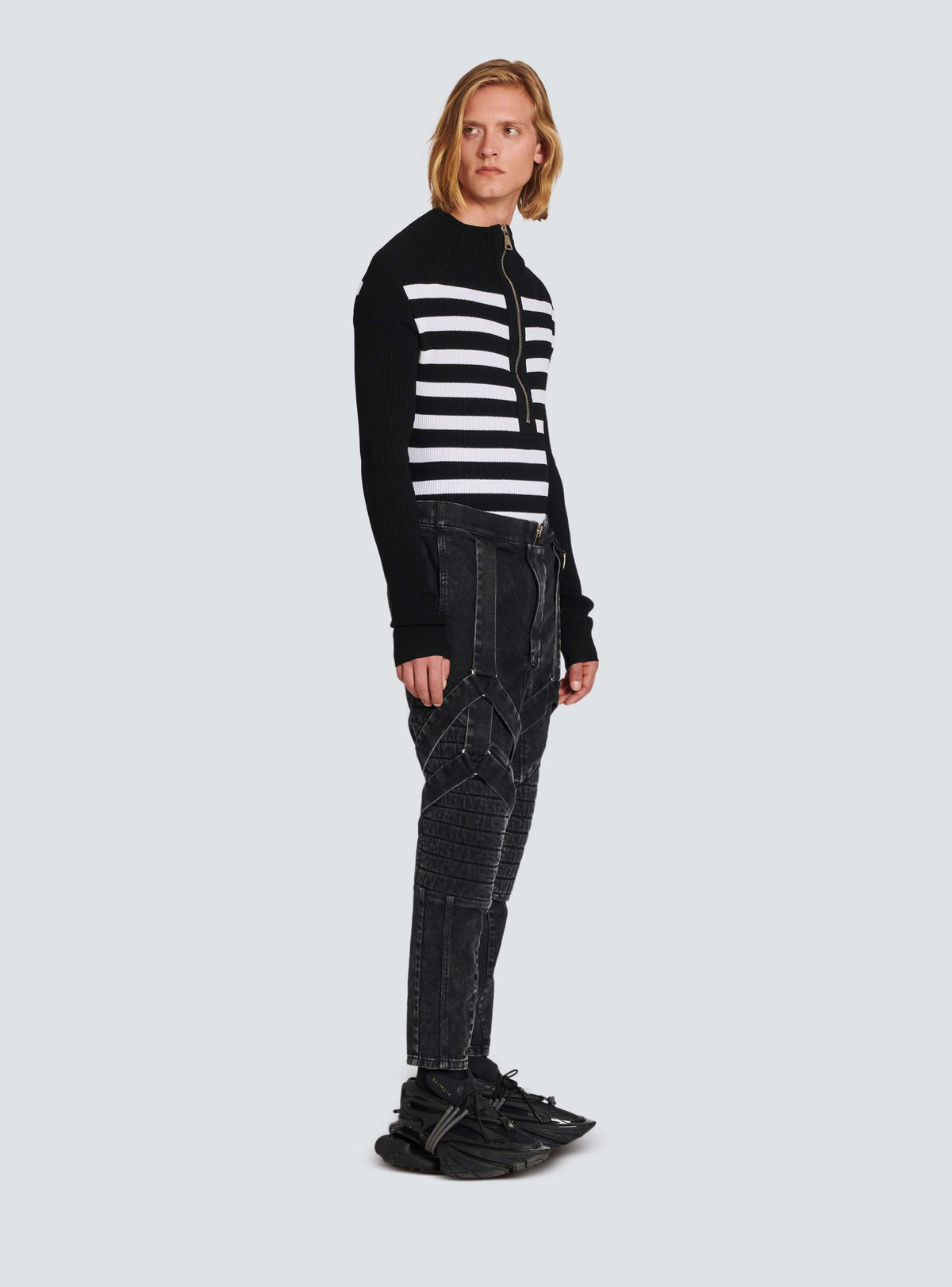 BALMAIN MEN'S BLACK ACID WASH DENIM PANTS WITH STRAPS