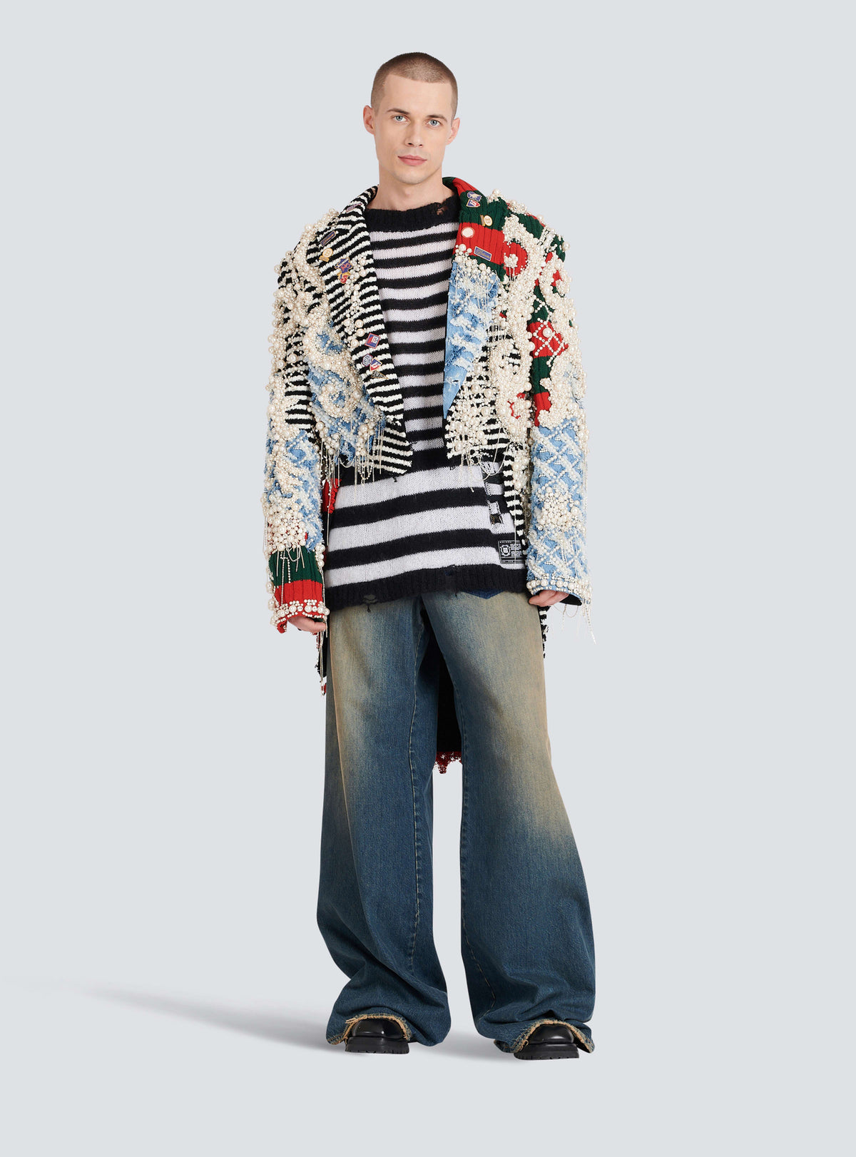 BALMAIN MEN'S LIGHT BLUE WIDE-LEG DENIM TROUSERS