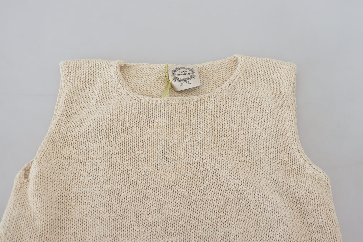 PINK MEMORIES Beige Cotton Blend Sleeveless Round Neck Tank Top