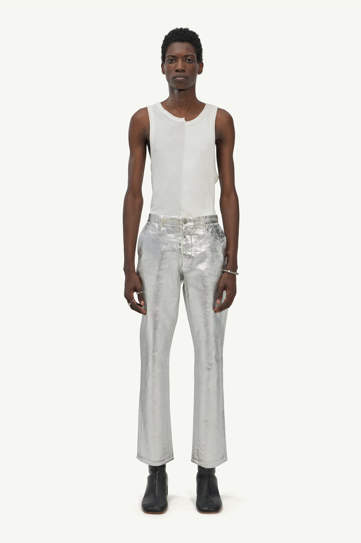 MAISON MARGIELA MEN'S SILVER METALLIC TAILORED TROUSERS
