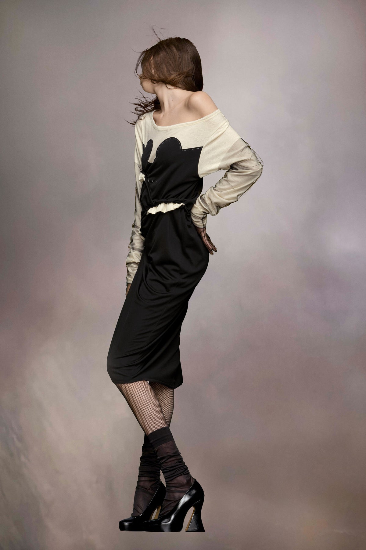MAISON MARGIELA WOMEN'S BLACK CREAM DRAPED MIDI DRESS