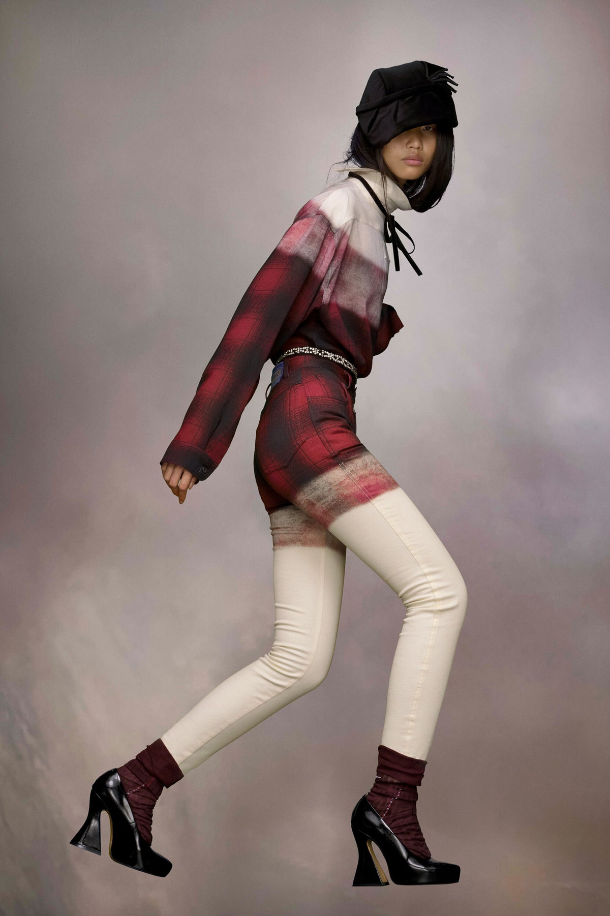 MAISON MARGIELA WOMEN'S RED PLAID OMBRE SKINNY TROUSERS