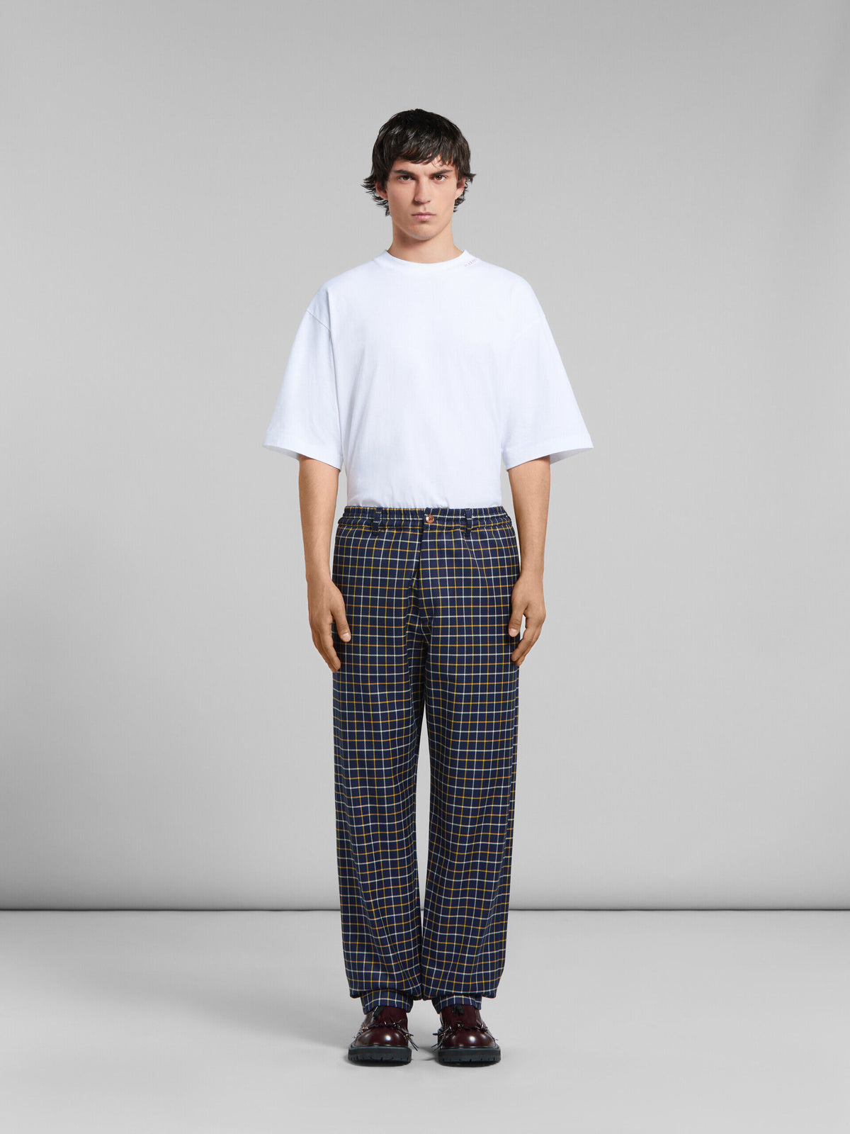 MARNI MEN'S NAVY PLAID WIDE-LEG TROUSERS