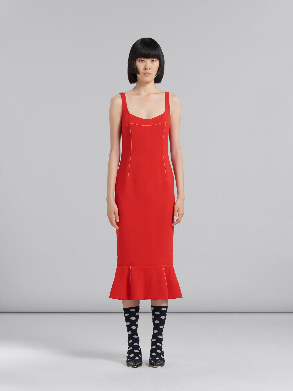 MARNI WOMEN'S RED FITTED DRESS WITH RUFFLE HEM