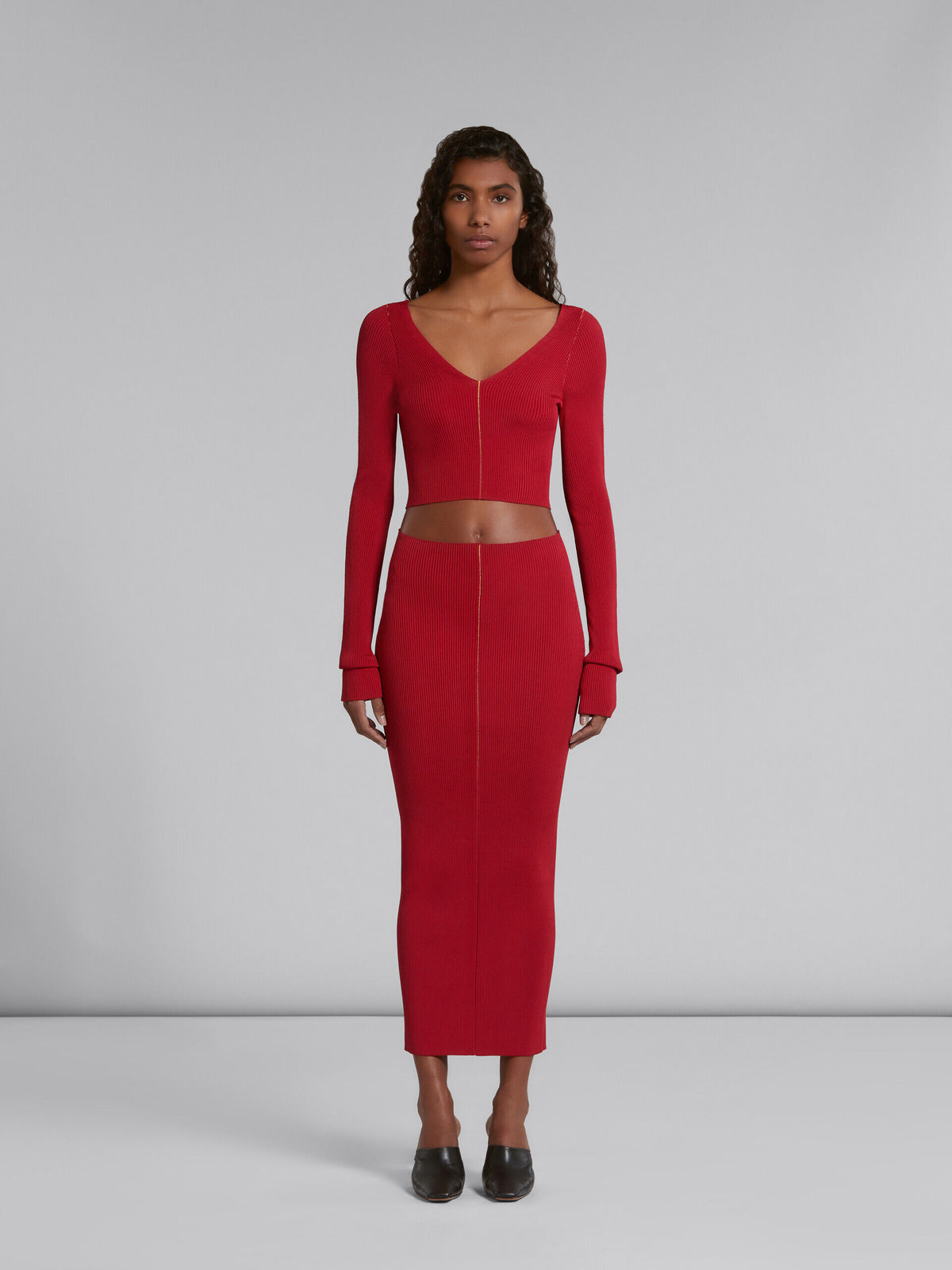 MARNI WOMEN'S RED RIBBED PENCIL SKIRT